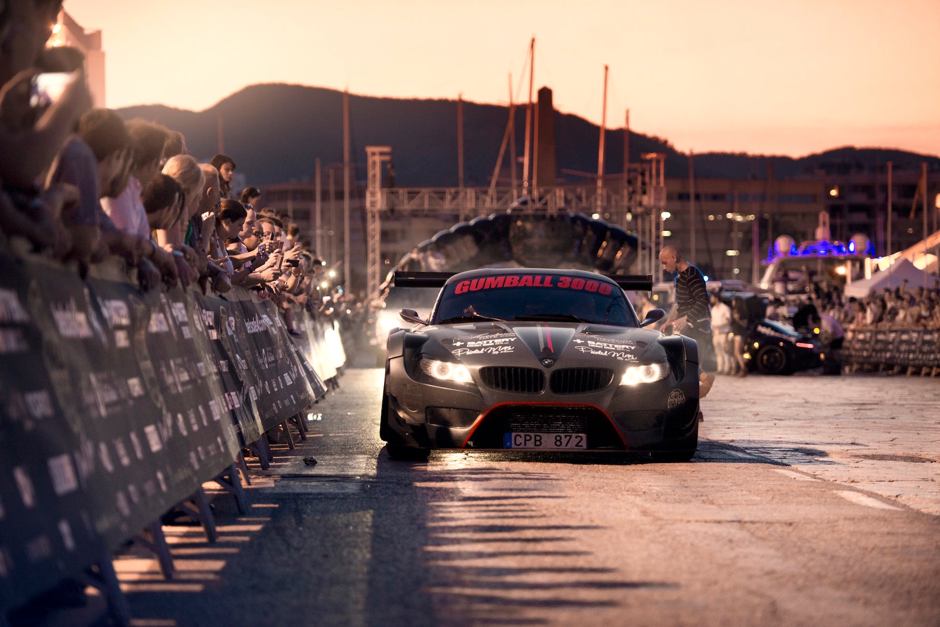 Gumball race car saying hello to the fans at the finish line in Ibiza 